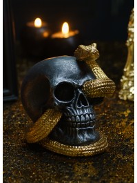 SCHÄDEL KUNSTHARZ SCHLENGEL GOLD 14.5CM X 14CM X 13.5CM