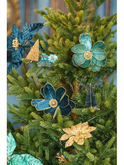 TEAL DECO FLOWER WITH CLIP - 2 ASS DIA 16CM X 12CM