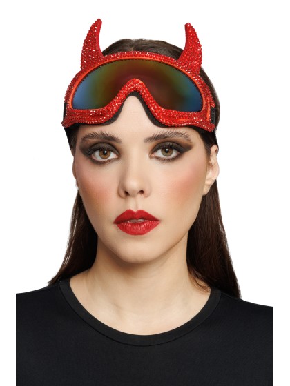 BRILLE MASKE AUS SKI TEUFEL STRASS DIAMONDS ROT 18CM X 13CM