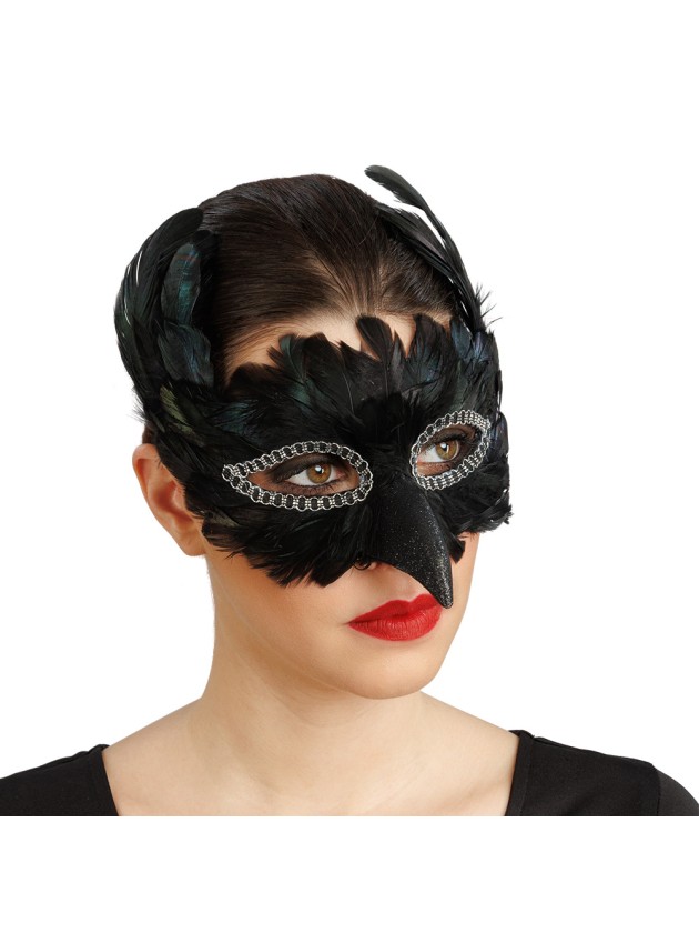 MASQUE CORBEAU PLUMES NOIR 17CM X 12CM X 15CM