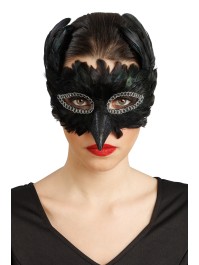 MASKE RABE FEDERN SCHWARZ 17CM X 12CM X 15CM