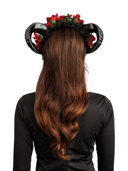 RED ROSES AND BLACK HORNS HEADBAND 30CM X 10.5CM X 16CM