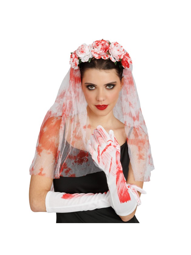 BLOODY BRIDE SET - 2 PCS HEADBAND WITH VEIL AND GLOVES HEADBAND: 18CM X 5CM X 90CM GLOVES: 9CM X 2CM X 43CM 