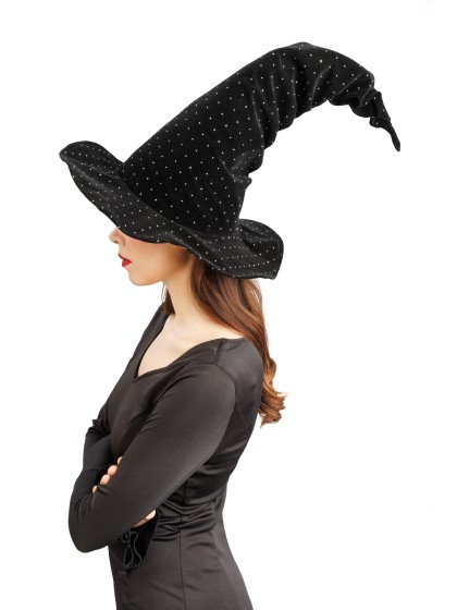 BLACK VELVET WITCH HAT WITH DIAMONDS 40CM X 40CM X 34CM