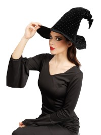 BLACK VELVET WITCH HAT WITH DIAMONDS 40CM X 40CM X 34CM