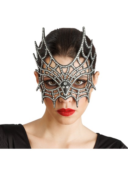 DEMI MASQUE TOILE D\'ARAIGNEE STRASS ARGENT 21CM X 2.5CM X 20CM