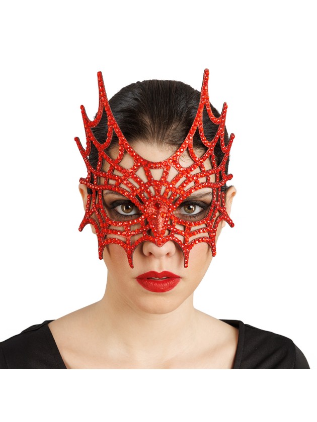 DEMI MASQUE TOILE D\'ARAIGNEE STRASS ROUGE 21CM X 2.5CM X 20CM