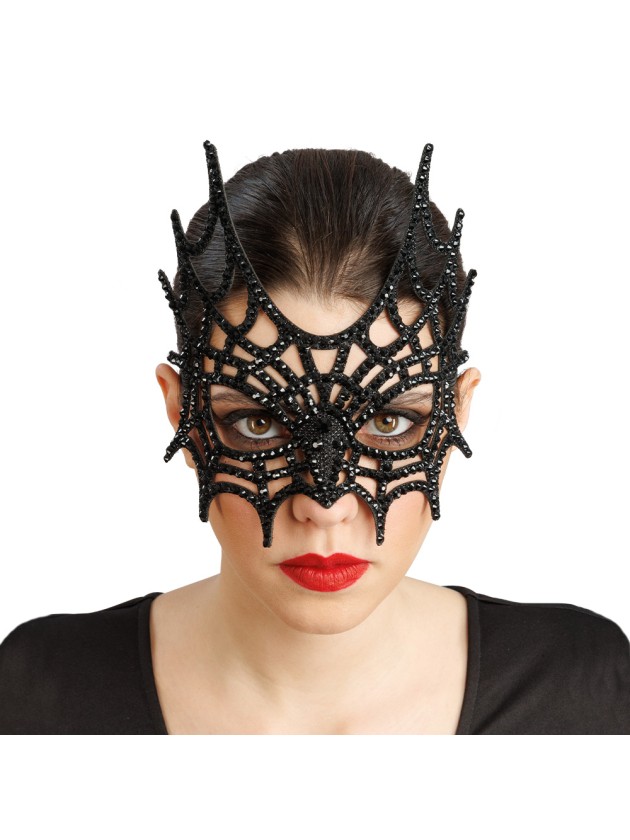 HALB MASKE SPINNENNETZ STRASS SCHWARZ 21CM X 2.5CM X 20CM