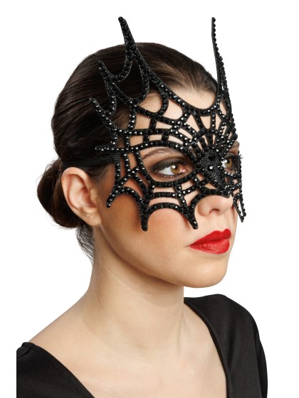 HALB MASKE SPINNENNETZ STRASS SCHWARZ 21CM X 2.5CM X 20CM
