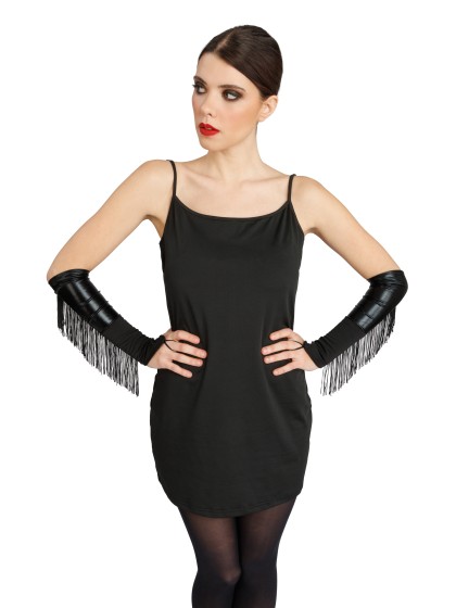 BLACK GLOVES WITH FRINGES ONE SIZE - 36CM