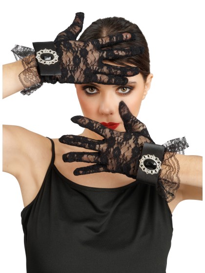 LACE GLOVES WITH BLACK STONE ONE SIZE - 25CM