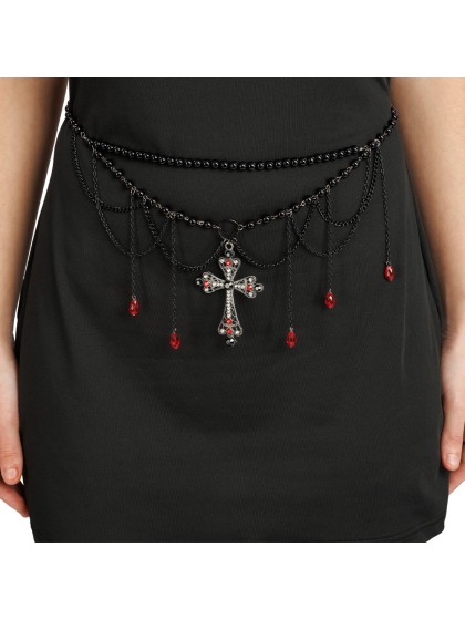 CEINTURE PERLES NOIRES ET CROIX 70CM X 0.5CM X 16CM