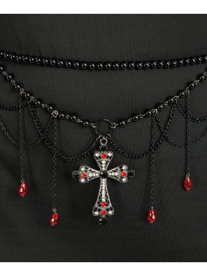 BLACK PEARLS AND CROSS BELT CHAIN 70CM X 0.5CM X 16CM