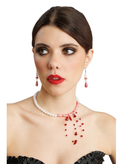 SET 2 PCS - HALSKETTE OHRRINGE PERLEN BLUTVERSCHMIERT HALSBAND: 35CM X 0,5CM X 12CMBO: 0,8CM X 0,8CM X 6CM