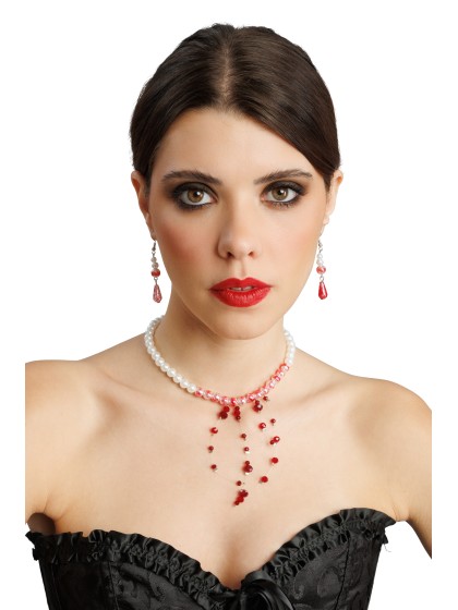 SET 2 PCS - HALSKETTE OHRRINGE PERLEN BLUTVERSCHMIERT HALSBAND: 35CM X 0,5CM X 12CMBO: 0,8CM X 0,8CM X 6CM