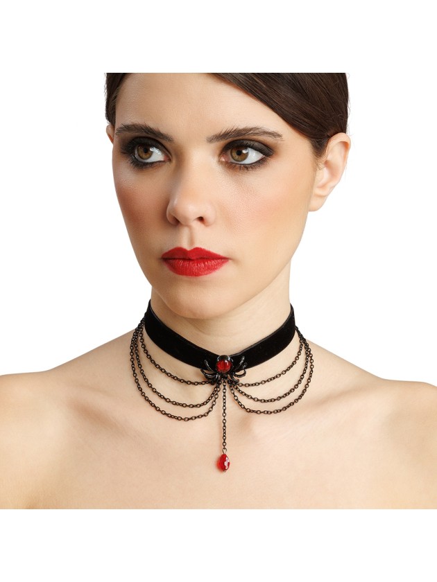 COLLIER RAS DU COU VELOURS NOIR ARAIGNEE RUBIS 30CM X 0.5CM X 9.5CM