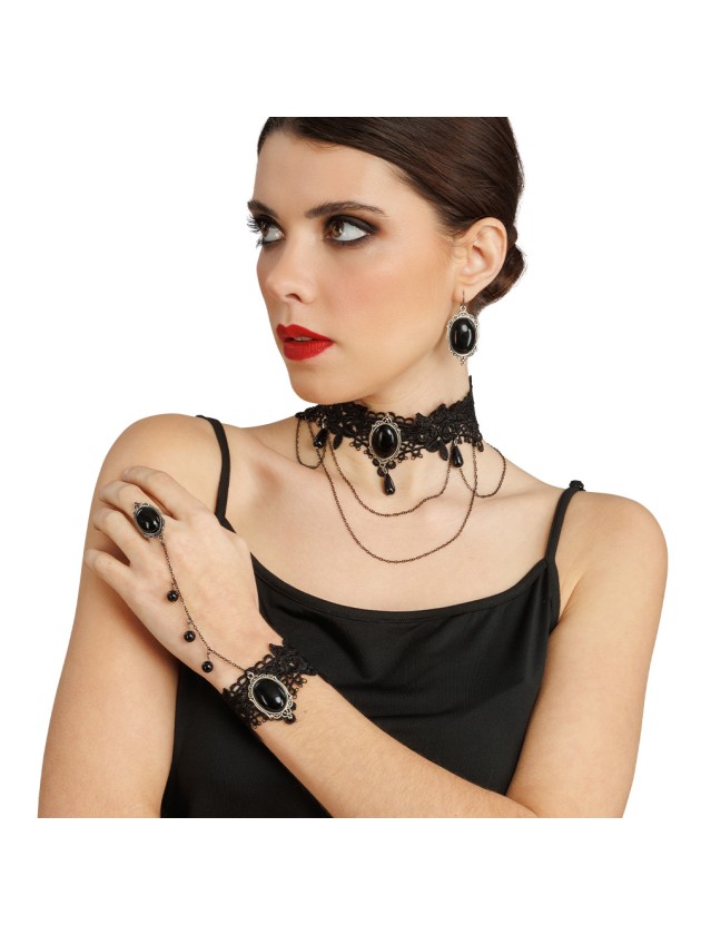 KIT 3 PCS - COLLIER BOUCLES D\'OREILLES BRACELET AVEC BAGUE PERLE NOIRE COLLIER: 35CM X0.5CM X 15CM BO: 2.5CM X 0.5CM X 4.5CM 