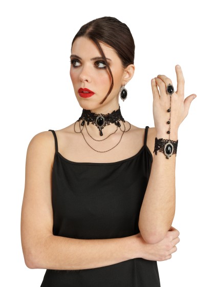 KIT 3 PCS - COLLIER BOUCLES D\'OREILLES BRACELET AVEC BAGUE PERLE NOIRE COLLIER: 35CM X0.5CM X 15CM BO: 2.5CM X 0.5CM X 4.5CM 