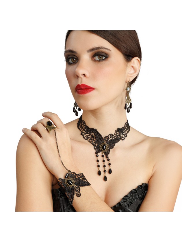 3 PCS SET - BUTTERFLY LACE NECKLACE EARRINGS BRACELET WITH RING 