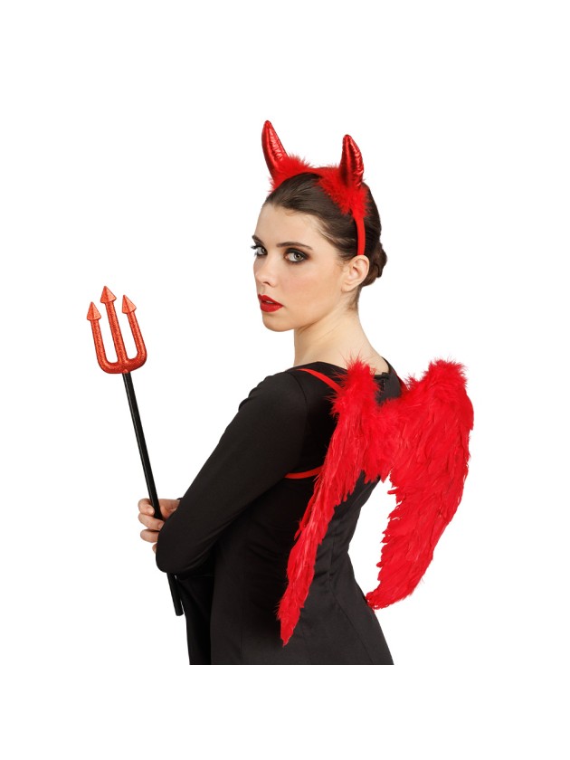 SET TEUFEL ROT - 3 PCS FLÜGEL HAARREIF DREIZACK AILES: 60CM X 42CM X 2CM
TRIDENT: 7.5CM X 1CM X 53CM