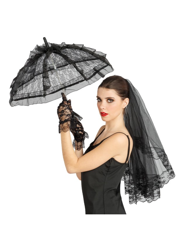 SET SPITZE VEUVE SCHWARZ - 3 PCS SONNENSCHIRM VOILE HANDSCHUHE SCHIRM: 8 CM X 8 CM X 57 CM Schleier: 30 CM X 70 CM Handschuhe