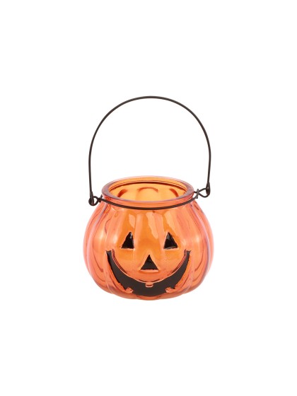 ORANGE GLASS PUMPKIN CANDLE HOLDER 10CM X 10CM X 8CM