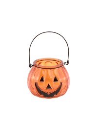 ORANGE GLASS PUMPKIN CANDLE HOLDER 10CM X 10CM X 8CM