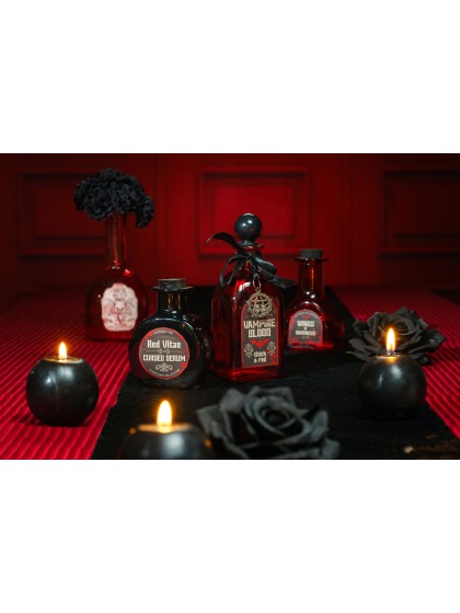 BLACK GLASS ROUND BOTTLE CURSED SERUM 7.8CM X 4.5CM X 9.5CM