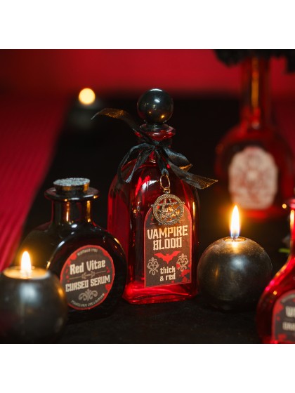 RED GLASS SQUARE BOTTLE VAMPIRE BLOOD 6.3CM X 6.3CM X 17CM