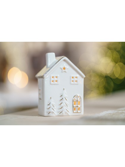 HAUS KERAMIK WINDLICHT WEISS UND GOLD 9.1CM X 7CM X 13CM