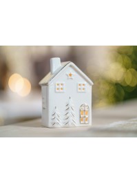 HAUS KERAMIK WINDLICHT WEISS UND GOLD 9.1CM X 7CM X 13CM