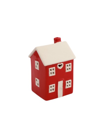 RED AND WHITE CERAMIC HOUSE CANDLEHOLDER 9.6CM X 8.5CM X 15CM