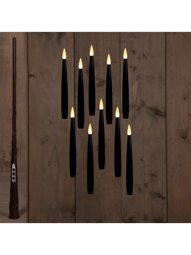 10 KERZEN SCHWARZ LED ZUM HENGELN  MIT ZAUBERSTAB MAGIQUE KERZE: 1,5 CM X 1,5 CM X 15 CM Wand: 2 CM X 2 CM X 35 CM