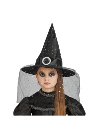CHAPEAU DE SORCIERE NOIR BOUCLE ET PAILLETTES ENFANT 35.5CM X 35.5CM X 33CM