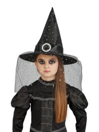 CHAPEAU DE SORCIERE NOIR BOUCLE ET PAILLETTES ENFANT 35.5CM X 35.5CM X 33CM