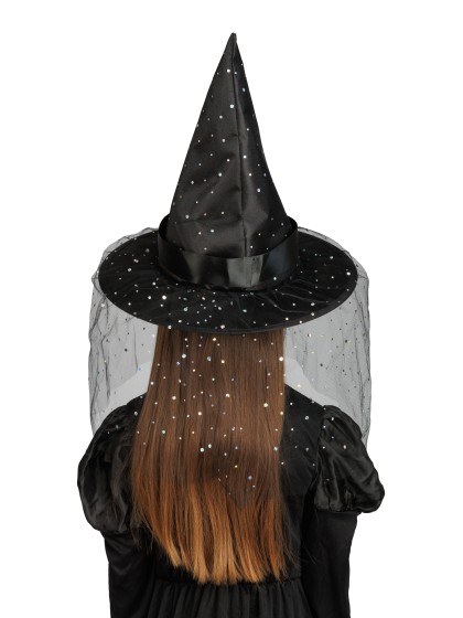 CHAPEAU DE SORCIERE NOIR BOUCLE ET PAILLETTES ENFANT 35.5CM X 35.5CM X 33CM