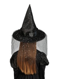 CHAPEAU DE SORCIERE NOIR BOUCLE ET PAILLETTES ENFANT 35.5CM X 35.5CM X 33CM