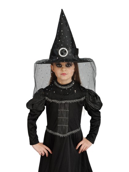 CHAPEAU DE SORCIERE NOIR BOUCLE ET PAILLETTES ENFANT 35.5CM X 35.5CM X 33CM
