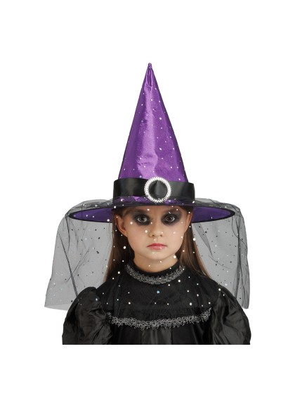 CHAPEAU DE SORCIERE VIOLET BOUCLE ET PAILLETTES ENFANT 35.5CM X 35.5CM X 33CM