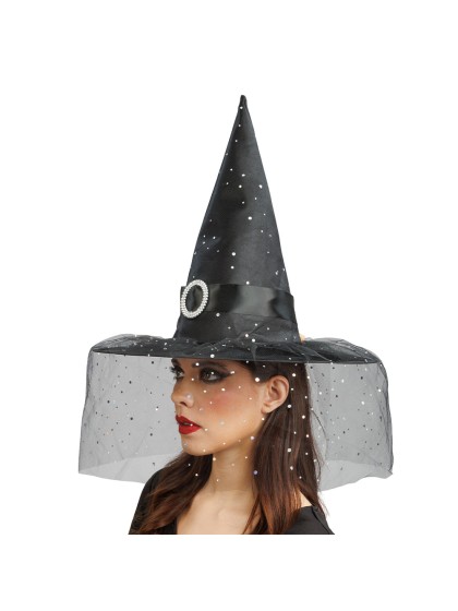 CHAPEAU DE SORCIERE NOIR BOUCLE ET PAILLETTES ADULTE 