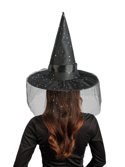 CHAPEAU DE SORCIERE NOIR BOUCLE ET PAILLETTES ADULTE 