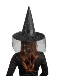 CHAPEAU DE SORCIERE NOIR BOUCLE ET PAILLETTES ADULTE 