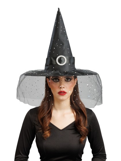 GLITTER AND BUCKLE ADULT BLACK WITCH HAT 