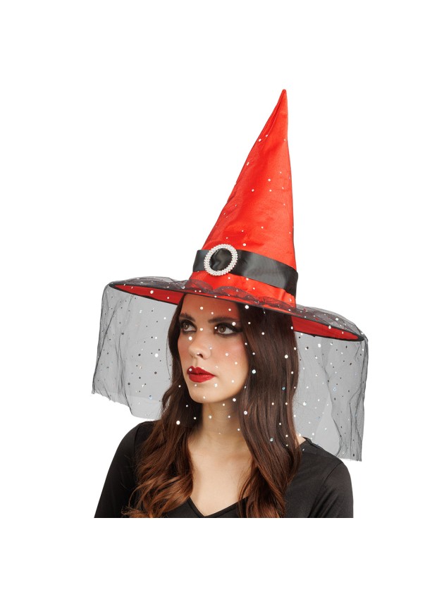 CHAPEAU DE SORCIERE ROUGE BOUCLE ET PAILLETTES ADULTE 