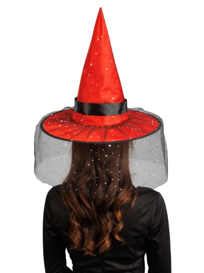 CHAPEAU DE SORCIERE ROUGE BOUCLE ET PAILLETTES ADULTE 