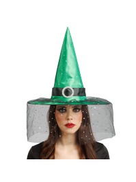 CHAPEAU DE SORCIERE VERT BOUCLE ET PAILLETTES ADULTE 