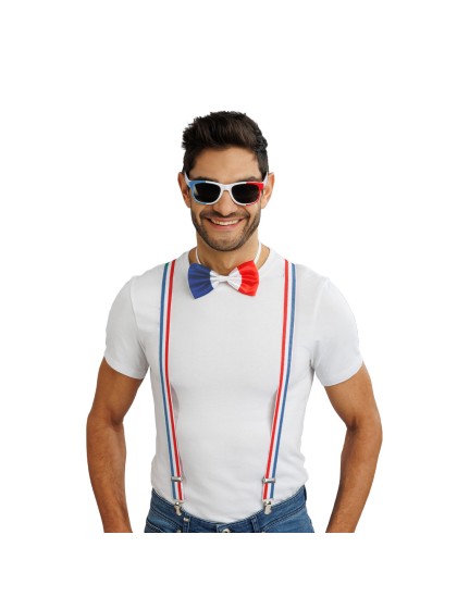 FRANCE SUPPORTER 3PCS SET SUSPENDERS 2.5CM X 0.5CM X 100CM BOW TIE 13CM X 1.5CM X 7CM GLASSES 14.5CM X 4.5CM