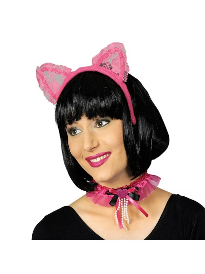 SET KATZE ROSA: HALSKETTE HAARREIF MIT OHREN 