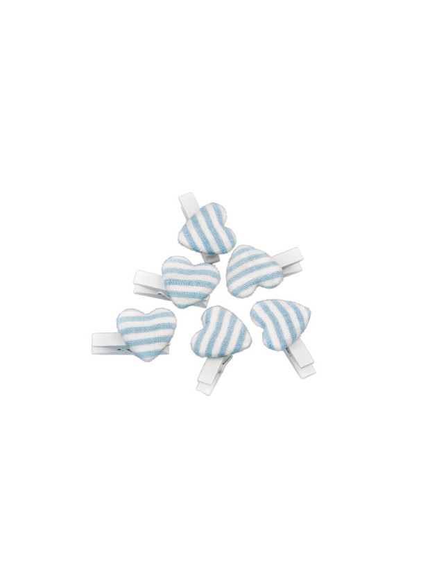 SET 6 KLAMMERN HERZ RAYURES BLAU PASTELL 3.8CM X 2.6CM