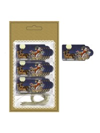 CARTE 12 ETIQUETTES PERE NOEL TRAINEAU AV OEILLET ET LIEN 6CM X 3CM